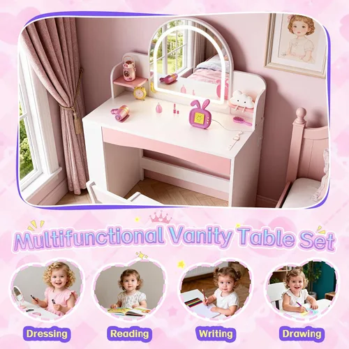 Miniatura 7 de Teckid Juego de mesa y silla para niños con luces, escritorio de tocador para niñas, tocador de maquillaje de princesa para niños con estantes