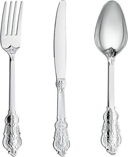 Miniatura 8 de N9R Juego de cubiertos de plástico dorado de 300 piezas, juego de cubiertos de plástico pesado, 100 tenedores, 100 cucharas, 100 cuchillos