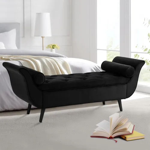 Banco de almacenamiento para extremo de cama de dormitorio, banco tapizado de terciopelo de 165 cm con brazos enrollados y botones acolchados, banco