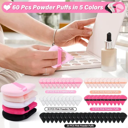 Miniatura 4 de Caffox 60 esponjas de polvo para polvo facial, soplo de polvo triangular para polvo fijador, soplos de maquillaje para polvo suelto y polvo