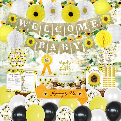 Kit de 207 piezas de decoración de girasol para baby shower para niña o niño, pancartas preencordadas de bienvenida para bebé, vid de flores, libro