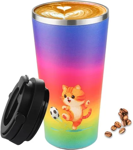 Miniatura 13 de Funkrin Taza de café aislada con revestimiento de cerámica, taza de café helado de 16 onzas con tapa abatible y asa, taza de viaje a prueba de fugas