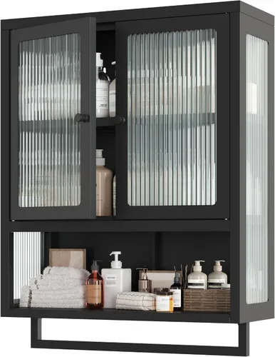 Miniatura 11 de Armario de pared de baño con 2 puertas de vidrio, botiquín de baño con barra de toallas y estantes, gabinete de almacenamiento sobre el inodoro