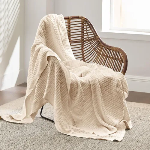 Miniatura 3 de Bedsure Manta 100% algodón para sofá, 50 x 70 pulgadas, transpirable y suave para primavera y verano, manta de tejido de gofre para oficina
