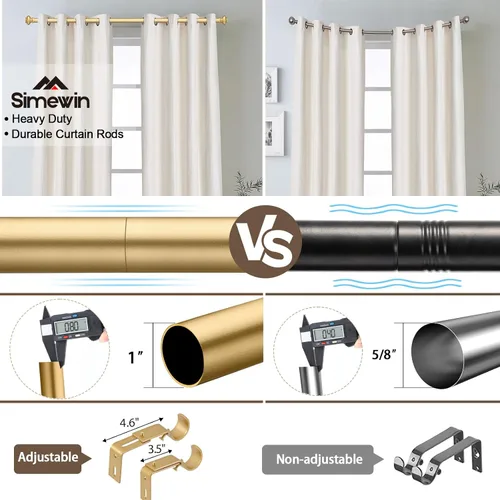 Miniatura 4 de SIMEWIN Barras de cortina doradas para ventanas de 72 a 144 pulgadas, ajustables, decorativas, de 1 pulgada de diámetro, juego de cortineros Dorado