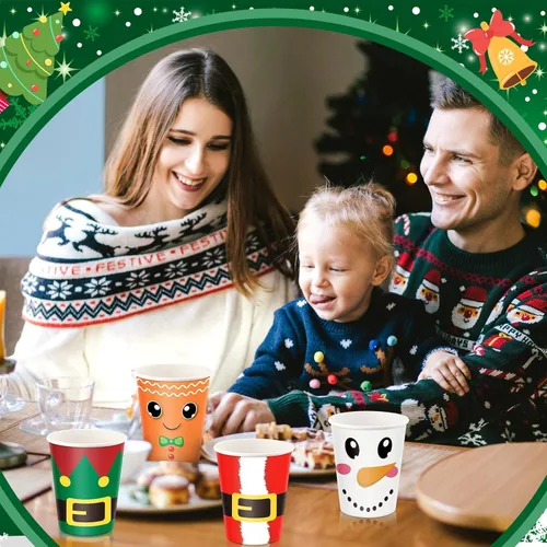 Miniatura 6 de Zhehao 300 vasos de papel de Navidad de 9 onzas, desechables, 6 estilos, pan de jengibre, Papá Noel, elfo, muñeco de nieve, alce, enano, tazas