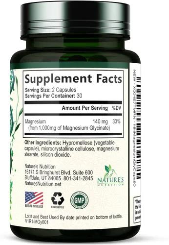 Miniatura 10 de Glicinato de magnesio 1000mg – Magnesio quelado para soporte de huesos, músculos, nervios y corazón, 500mg por cápsula para ultra absorción, soporte