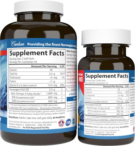 Miniatura 6 de Carlson Labs Elite Omega-3, 800 mg, gemas, 2 unidades, aceite de pescado suave, geles, Sabor Natural de limón (120 unidades cada uno)