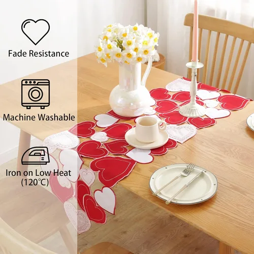 Miniatura 6 de Camino de mesa para el día de San Valentín, decoración del día de San Valentín, 70 pulgadas de largo, bordado rojo y rosa, camino de mesa de corazón