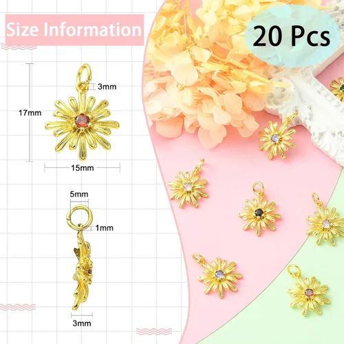 Miniatura 2 de Ipotkitt - 20 piezas de dijes de cobre con circonita cúbica micropavé en forma de flor con anillo de salto, dijes con forma de planta y flor