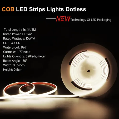 Miniatura 7 de dephen Tira de luces LED COB para exteriores de 16.4 pies, DC24 V 4000 K, 528 LEDS/m, IP67 impermeable cortable con cinta 3M para el hogar, balcón