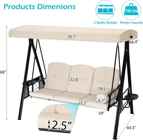 Miniatura 5 de AECOJOY - columpio de porche al aire libre con cubierta, columpios de patio de 3 asientos con toldo ajustable, columpio exterior para adultos