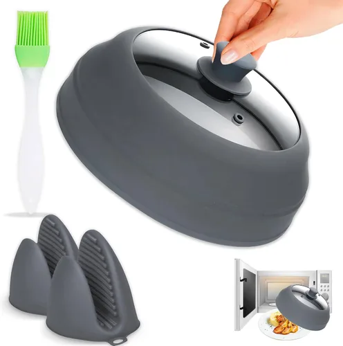 Miniatura 8 de Cubierta de vidrio para microondas para alimentos, tapa grande de vidrio templado y silicona de 10.8 pulgadas, resistente al calor, protector