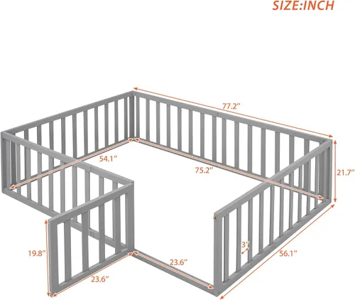 Miniatura 2 de Cama de suelo para niños, marco de cama Montessori de tamaño matrimonial con barandillas de valla para niños, camas de madera para niños y niñas