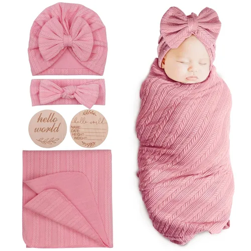 Miniatura 16 de DRESHOW BQUBO Mantas envolventes para bebés niñas, juego de 4 accesorios para recién nacidos con gorro a juego y cinta con moño con tarjeta de 1