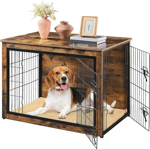 Miniatura 11 de Yaheetech 32" Mesa auxiliar de jaula para perros con cojín, jaula de madera para perros con puertas dobles/pies ajustables, mesa auxiliar lateral