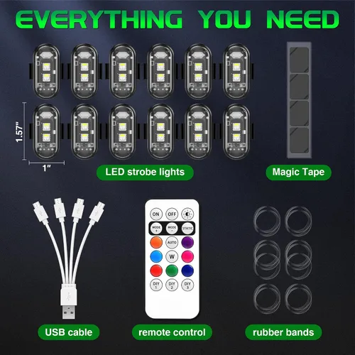 Miniatura 6 de Luces estroboscópicas RGB LED inalámbricas para aviones con control remoto, 8 colores, 10 modos de parpadeo, carga USB, luces anticolisión
