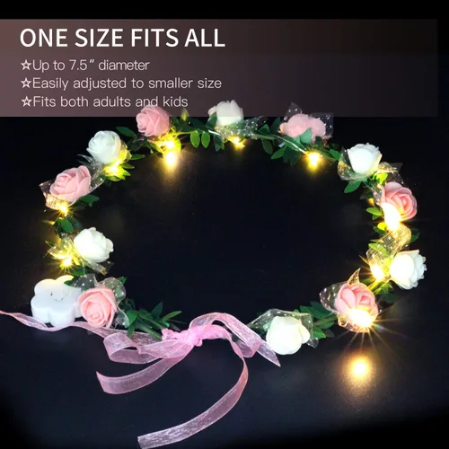 Miniatura 3 de Novelty Place Paquete de 4 diademas de flores iluminadas, corona de cabeza floral LED para bodas, festivales y fiestas, 4 piezas