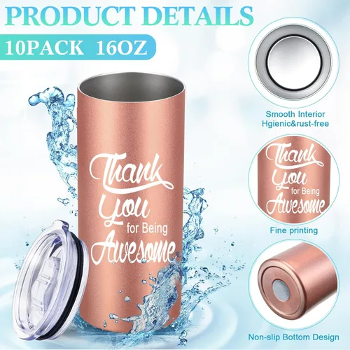 Miniatura 4 de Bokon 12 juegos de vasos de agradecimiento de acero inoxidable de 16 onzas con tapa, pajita, regalos de agradecimiento para empleados, graduación
