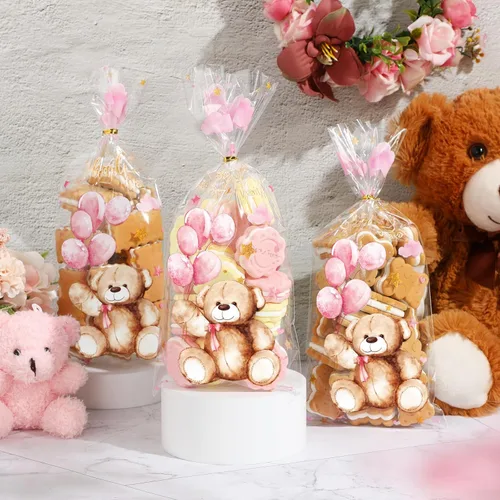 Miniatura 5 de Maitys 100 bolsas de celofán de oso para baby shower, bolsas de plástico para dulces con 100 lazos dorados, bolsas de regalo para revelación de Rosa