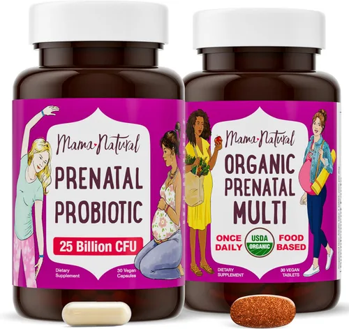 Mama Natural Paquete prenatal – Vitaminas prenatales orgánicas para mujeres + probióticos seleccionados específicamente para el embarazo y el