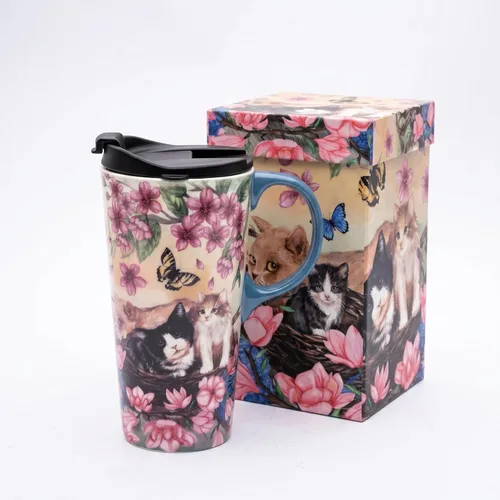 Miniatura 11 de Taza de viaje de cerámica de hortensia de jilguero de 17 onzas con tapa, taza de café floral de pájaro verde azulado con caja de regalo, taza de té