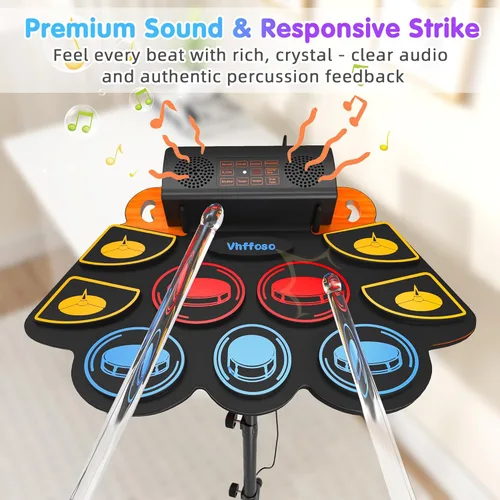 Miniatura 8 de Juego de batería eléctrica para niños, almohadilla electrónica con baquetas iluminadas y soporte de batería, altavoces dobles integrados y batería