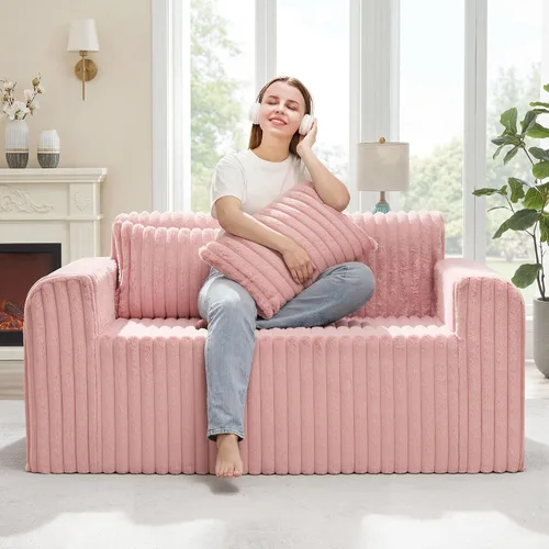 Miniatura 11 de Hobestluk Sofá Individual de Espuma Sillón Sofá para Espacios Pequeños Sofás Cómodos con Funda Extraíble Sofá Peludo con Almohadas para Sala de Negro