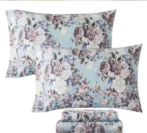 Miniatura 23 de FADFAY Juego de sábanas tamaño King, 100% algodón, elegante ropa de cama de granja con hojas verdes menta y flores blancas, sábana suave