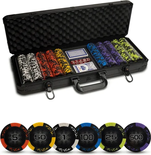 Tradeopia Juego de fichas de póquer estilo casino con estuche de almacenamiento de aluminio, artículos incluidos: 1 ficha de distribuidor, 2 barajas
