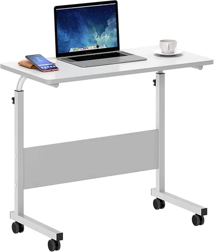 SogesHome Mesa de cama móvil ajustable de 31.5 pulgadas, escritorio portátil para computadora portátil con ruedas rodantes, color blanco