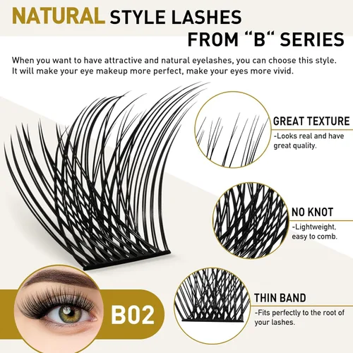 Miniatura 2 de B&Qaugen - Extensiones de pestañas en racimo, 12-18 mm, curvatura C/D, B02, mega volumen, individuales, efecto wispy, para colocar en casa, 72