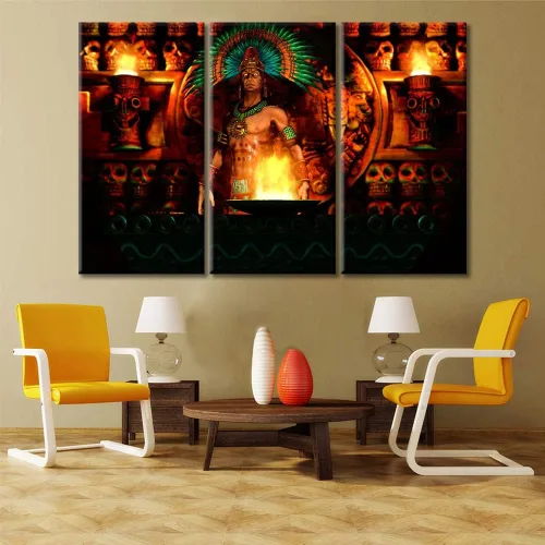 Miniatura 15 de Arte de pared de 3 piezas, pintura en lienzo del Día de los Muertos, Bailarín azteca, impresión sobre lienzo, festival mexicano, obra de arte