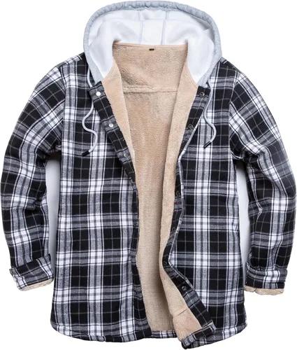 IVUMA Camisas de algodón a cuadros de manga larga para hombre, chaqueta de franela con forro polar, camisas de franela Sherpa con botones y capucha