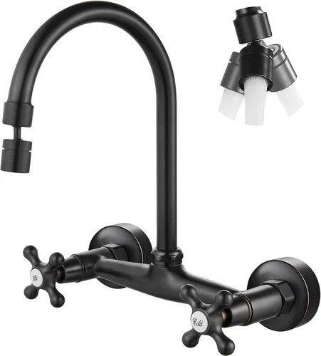 Miniatura 13 de Airuida Grifo de cocina de montaje en pared con rociador, grifo de fregadero de cocina montado en la pared, asas dobles cruzadas, boquilla giratoria