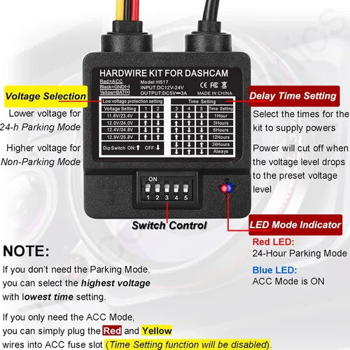 Miniatura 3 de Kit de cable duro para cámara de salpicadero, USB C de 3 cables, cargador de cámara de salpicadero modo de estacionamiento 24h Type C,11.5ft Power