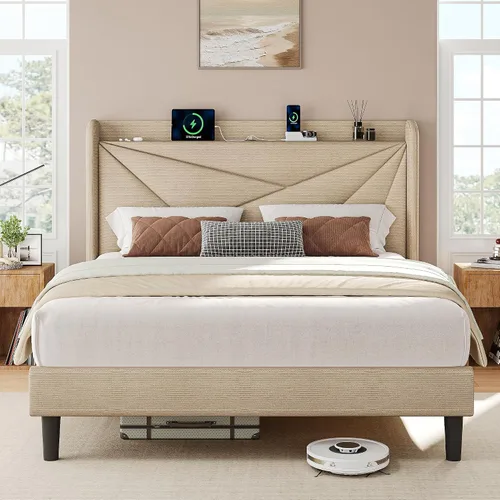 iPormis Base de cama tamaño Queen con estación de carga, marco de cama de plataforma de lino con cabecera tapizada con respaldo de ala, soporte de