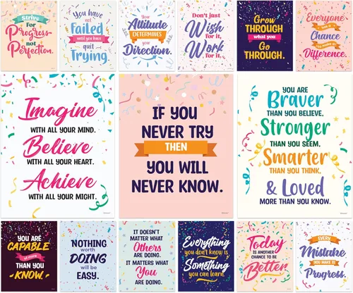 Decorably 15 pósteres inspiradores de confeti para aula, 11 x 14 pulgadas, decoración de laminado mate, para escuela, pasillos, tablones de