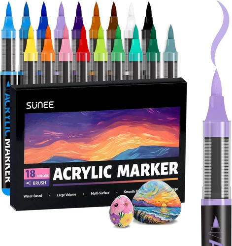 SUNEE Marcadores de pintura acrílica, punta de pincel, marcadores acrílicos de 18 colores con sistema de control automático de tinta, bolígrafos de