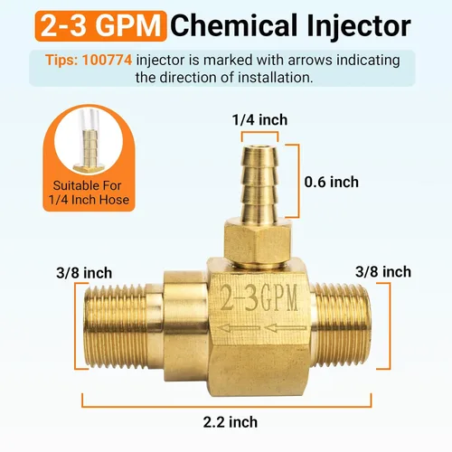 Miniatura 2 de Inyector químico 100774 de 2-3 Gpm para lavadora de presión de potencia de bomba general, inyector de jabón de alto drenaje de 20% inyector aguas