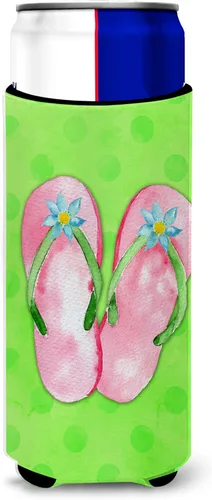 Caroline's Treasures BB8220MUK - Chanclas color rosa con lunares verdes, ultra Hugger para latas delgadas, funda enfriadora de latas verdes, lavable