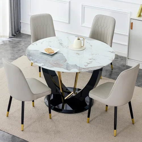 Miniatura 23 de JUFU Juego de mesa de comedor redonda para 4, mesa de comedor de 48 pulgadas con mesa de mármol sintético y 4 sillas tapizadas, moderno juego