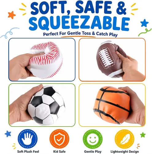 Miniatura 3 de Liberty Imports Paquete de 4 pelotas deportivas de peluche suave de 5 pulgadas para niños, niños pequeños, fútbol, béisbol, baloncesto, fútbol