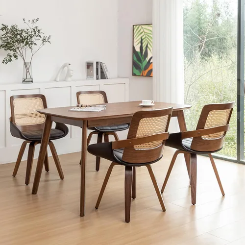 Miniatura 14 de Juego de 2 sillas de comedor de ratán verde, sillas de comedor modernas de mediados de siglo con marco de madera curvada de nogal, respaldo Nogal