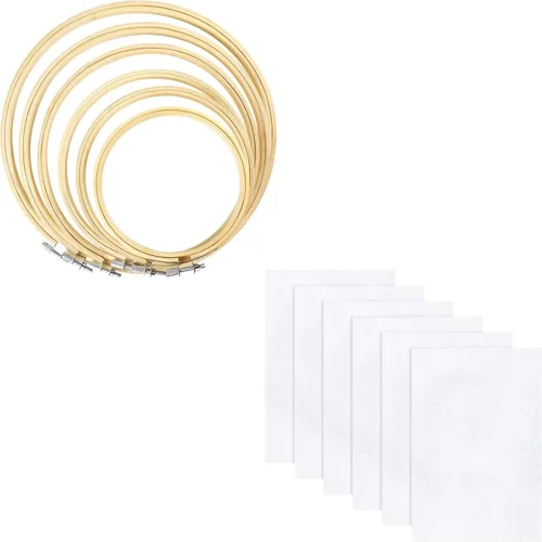 Caydo Juego de 6 aros de bordado de bambú con 6 piezas de tela Aida, 14 unidades, tela de punto de cruz blanca para bordado y punto de cruz