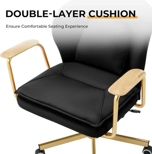 Miniatura 4 de Furniliving Sillas de oficina de cuero, silla de oficina dorada, silla giratoria ajustable para computadora con patas doradas y reposabrazos
