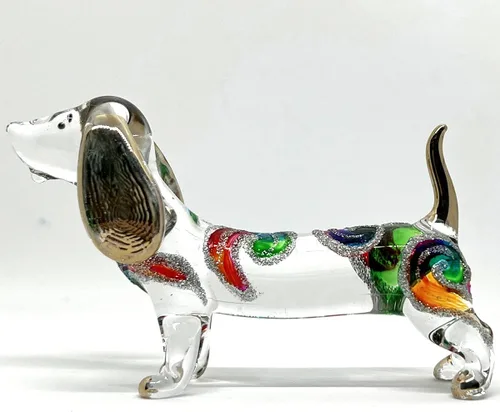 Miniatura 25 de Figuras en miniatura de perro salchicha soplado a mano, arte de animales coleccionables, regalo para decoración del hogar (4 pulgadas, azul negro)