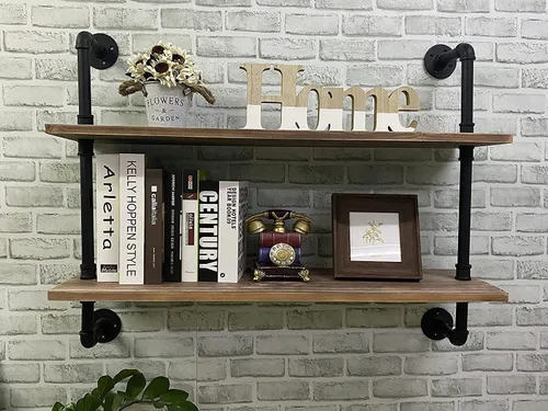 Miniatura 51 de HDDFER - Estantería industrial para tuberías rústicas en blanco, estantes de pared de tubería industrial con tablas de madera, estantes flotantes