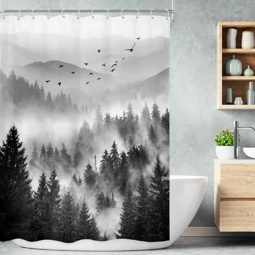 Miniatura 21 de Riyidecor - Cortina de ducha para baño pequeño de montaña, 36 pulgadas de ancho x 72 pulgadas de alto, verde, para RV, temática rústica, naturaleza