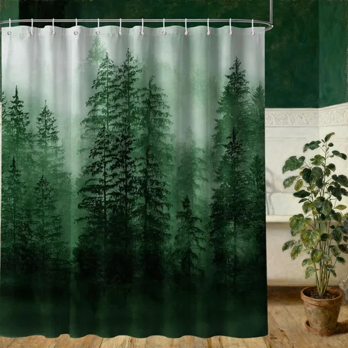 Miniatura 9 de Cortina de ducha estrecha para hombre, diseño de bosque negro y gris, para casa rodante, juego de decoración de baño, tela impermeable con ganchos